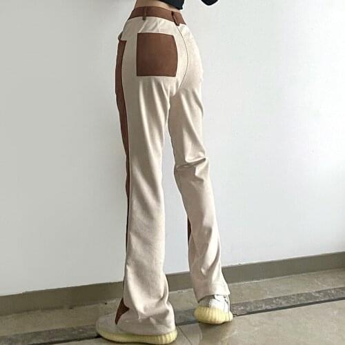 Quality Leather Suede Y2K Flares Pants Women Contrast Stitching Straight Pants 2021 Retro High Waist Baggy Streetwear