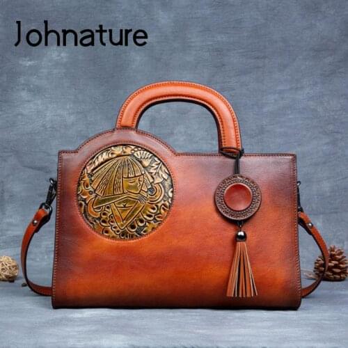 Johnature Retro Luxury Handbags Women Bags Designer 2021 New Genuine Leather Large Capacity Nature Soft Cowhide Shoulder Bags