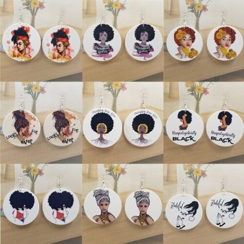Vintage African Beautys Head Head portrait Fashion 1Pair Printing Handmad Drop Earring Women Personality Wood Bohemia