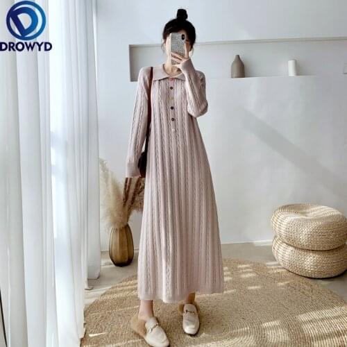 2021 Winter Korean Version of The New Polo Collar Loose and Thin Twist Sweater Skirt Knitted Dress Women Stretch Pullover Dress