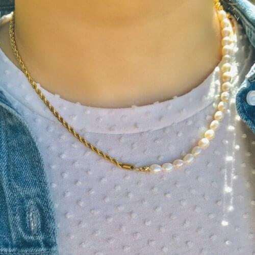 18K Gold Half Pearl Half Rope Chain Necklace For Women Vintage Freshwater Layering Pearl Twist Choker Necklaces Gothic Jewelry