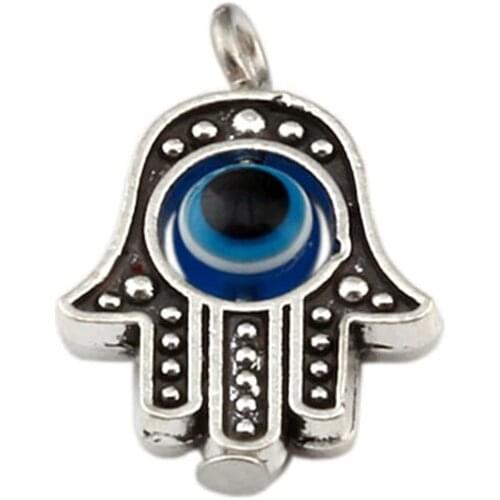 Hot ! 100Pcs Hamsa Hand Blue eye bead Kabbalah Good Luck Charm Pendant 19x12mm K01157