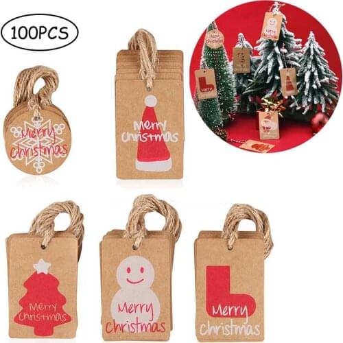 100Pcs Christmas Kraft Paper Tag Ornaments With Twine String Christmas Tree Decor Labels Xmas New Year Gift Package Decoration