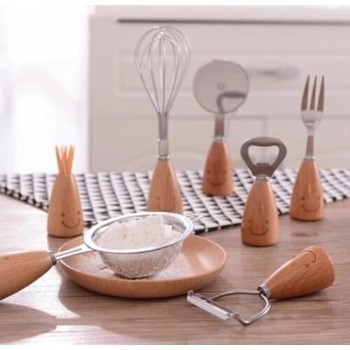 12pc smiling Face Wooden Handle Tableware Stainless Steel Household Spoon Egg Beater Western Style Pizza Knife Set Kitchen Tool