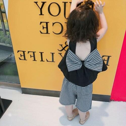 2020 summer girls Cotton Fashion Sleeveless Plaid Regular Vest bow short pant 2 pic a set