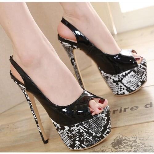 2020 New Platform Sandals Pumps Peep Toe Super 16cm Thin High Heels Sandals Back Strap Fashion Patent Leather Party Sandals Shoe
