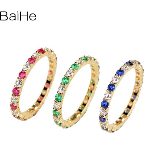 BAIHE Solid 14K Yellow Gold Emerald/Ruby/Sapphire Natural Diamond Wedding Trendy Fine Jewelry Full stone Ring Women Man ring