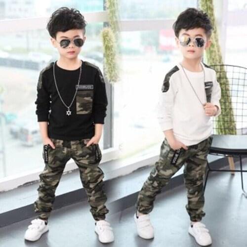 Kids boys jogging set children girls fashion cotton shirt+camouflage style pants 2pcs little boys tracksuit 4-5-6-7Y