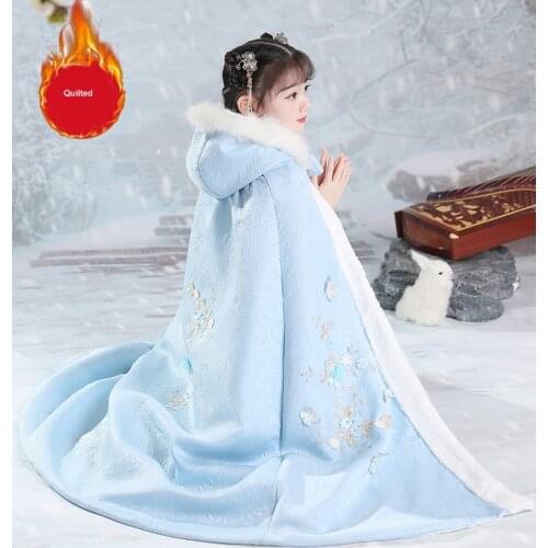 Hanfu Quilted Hooded Girls Warm Cape Winter New Embroidery Thicken Cloak Chinese Children Ancient Mantle Kids New Years Wear