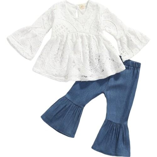 New Girls Clothes Set, Hollow Out Long Sleeve Large Hem O-neck Tops+Solid Color Flared Trousers