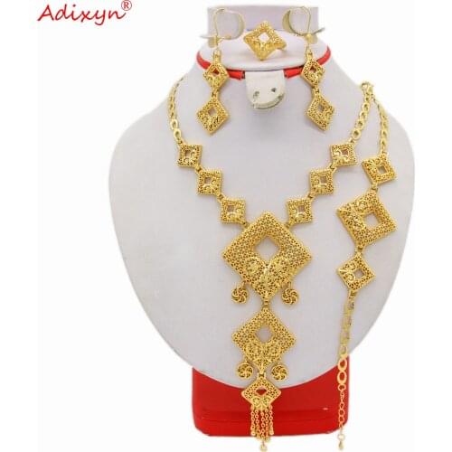 Adixyn Rhombus Shape African Beads Jewlery Set Gold Color Necklace Bracelet Earrings Ring Luxury Jewelry N03106