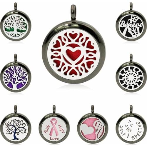 Gun black 25mm tree of life heart lotus Believe diffuser Perfume essential oil locket pendant fit necklace making 1 pad no chain