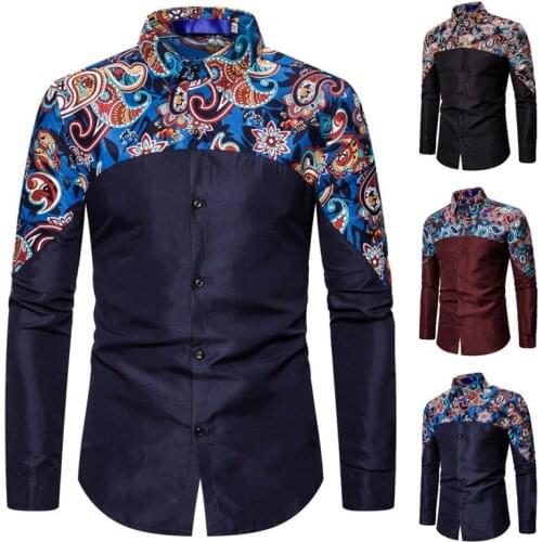 2021 Spring Skinny Long Sleeve Shirts High Street Floral Patchwork Mens Fashion Clothing Long Sleeve Vintage Polyester