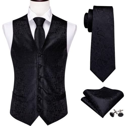 Barry.Wang Waistcoat for Men Slim Suit Vest Black Silk Vest Paisley Necktie Set Handkerchief Cufflinks Jacket Vest for Business