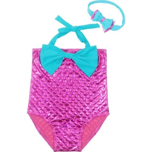 Girls Swimwear with Headband 3T-7T, Baby Swimming Suit Mermaid Pattern, Kids Bathing Costume