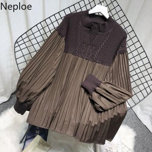 Naploe Fall Clothes Vintage Sweaters Women Patchwork Loose Knitted Pullovers V-neck Lantern Sleeve Pleated Jumper Tops Female