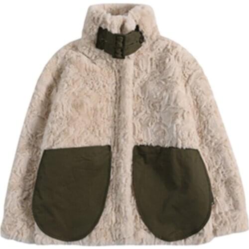VSUE Women Beige Faux Fur Coat Outwear Zipper Warm Thick Turn Down Collar Pocket Green Patchwork C0452