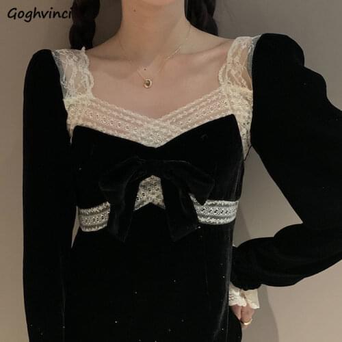 Puff Sleeve Dress Women Lace Bow Autumn Patchwork High Waist A-line Mini French Style Vintage Chic Elegant Lady Sweet Girls Ins