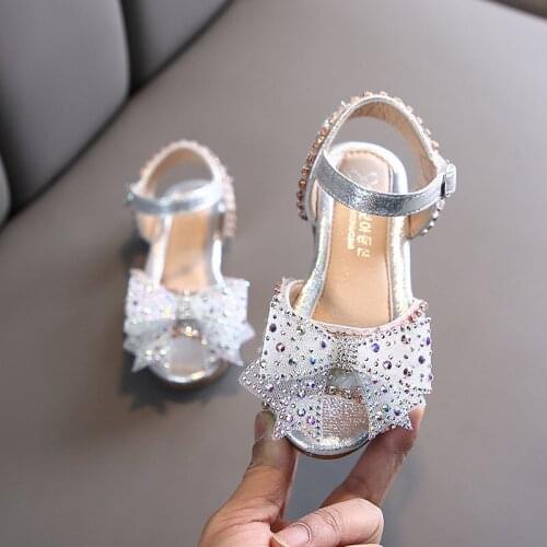 Summer Girls Crystal Sandals Bowtie Open Toe Rhinestone Princess Party Shoes For Children Kids Sandals New 5 6 8 9 10 Years Old