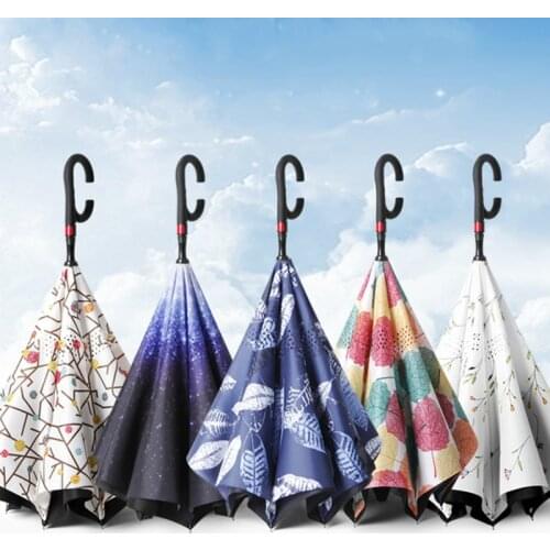 C Handle Windproof Reverse Folding Umbrella Man Women Sun Rain Car Inverted Umbrellas Double Layer Anti UV Self Stand Parapluie