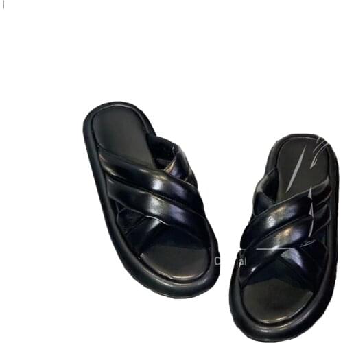 Modern Slides Female Leisure Shoes in Summer Genuine Cowhide Comfortable Flat With Solid Color Lazy Wearing for All Ages 2021
