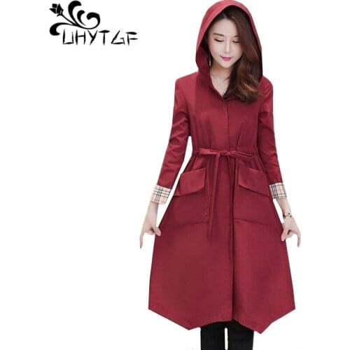 UHYTGF New women coat Fashion hooded spring autumn trench coat Lace-up Slim thin top young female casual plus size outerwear 97