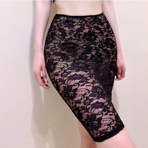 Womens Party Clubwear See-through Underskirt Elastic Waistband Skirts Flower Pattern Lace Skirt Ladies Sexy Bodycon Pencil Skirt
