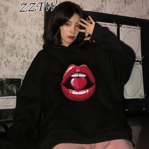 Red Mouth Lip Kiss Sweatshirt Hoodies Women Hoody Long-sleeved Autumn Winter Hooded Plus Size Streetwear Female Plus Size Coat