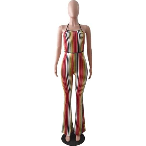 Womens Stripe Halter Print Flare Pants Club Piece Jumpsuits
