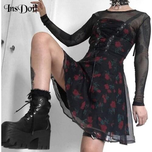 InsDoit Goth Sexy Black Dress Vintage Mesh Patchwork Sleeveless Dress Summer Harajuku Print Aesthetic Elegant Party Dress Women
