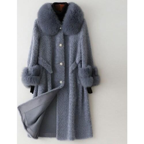 Winter Coat Women Real Fur Coat Female Fox Fur Collar Sheep Shearling Jacket Women 100% Wool Coats Manteau Femme MY4243