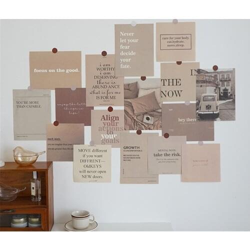 16 Pcs Literary Minimalistic Brown Theme Ins Style Motto Stickers Photo Card Wall Decoration for Photography Props Home Decor