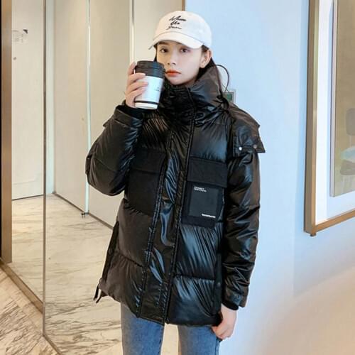 2021 Glossy Down Padded Jackets Hooded Color Matching Loose Winter Womens Letter Warm Short Coats Plus Size Chaquetas Para Mujer