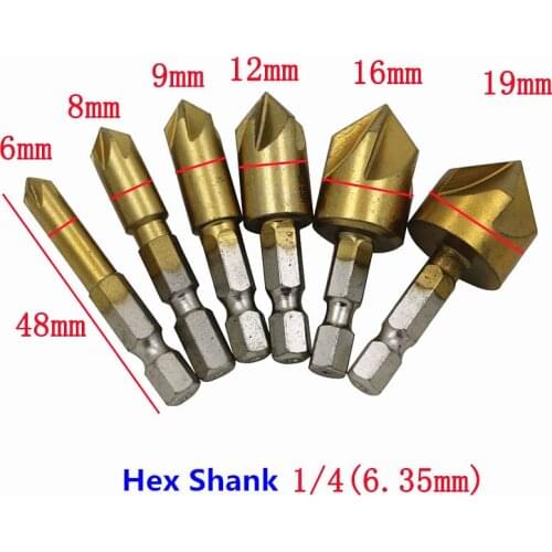 6PCS 6-19mm HSS Flute Countersink Drill Bit Set Counter Sink Chamfer Hole Cutter Woodworking Kit