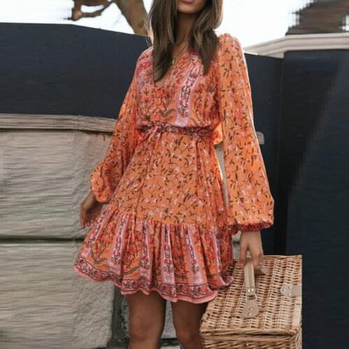 Bohemian v neck print dress women Autumn long sleeve V-neck boho mini dresses girls Lace-up orange winter dress