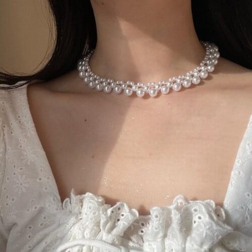 French Vintage Women Necklace Choker Imitation Pearl Necklace Elegant Ladies Collares Alloy Jewelry Birthday Gift