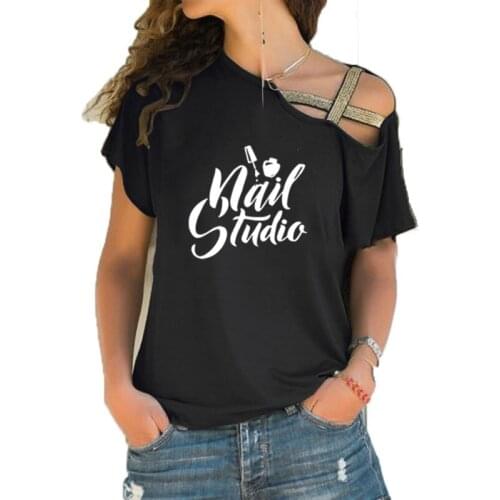 Beauty Salon Nail Art Manicure Pedicure T-Shirt Women Short Sleeve Female T-shirts Fashion Irregular Skew Cross Bandage tee tops