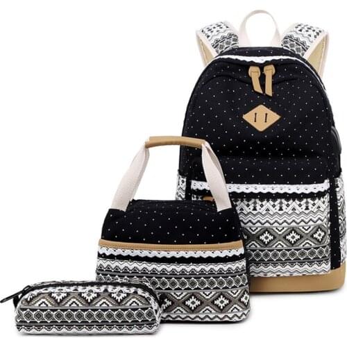 Teens backpack school bags for teenage girls dots canvas bookbags pencil book bag set student laptop travel backpack kids