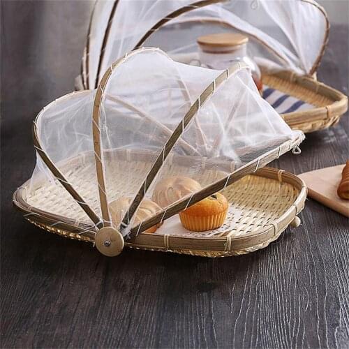 Basket With Gauze Hand-woven Bug-proof Picnic Storage Organizer Dustproof Food Fruit Vegetable Bread Basket Covers Home Tools