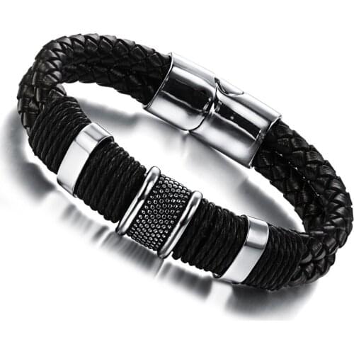 22cm Men Jewelry Handmade Braided Black Genuine Leather With Stainless Steel Mens Bracelet