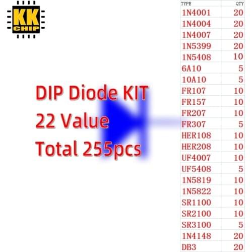 255pcs/lot KKCHIP DIP Diode KIT 22 Value 1n4148 4007 5408 FR107 1N5819 DB3 UF4007 6A10A10 FR207 FR307 Assorted Kit New Original