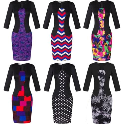 2020 New Hot Fashion Women Work Wear Classic Dots Print Patchwork Formal Office Business Party Bodycon Pencil Dress