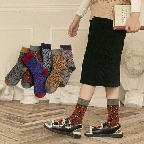 2020 New Thickening Warm Lady 50% Wool Personalized Fashion Leopard Print Stockings for Women 6 Pairs/pack