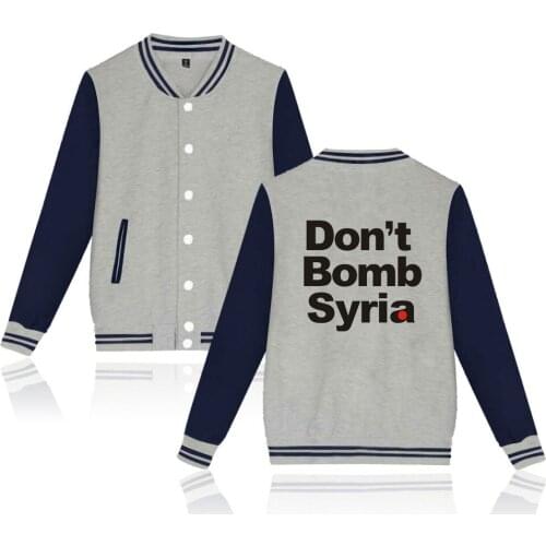 Latest Don't Bomb Syria Print fashion hip hop Baseball Jacket men women casual Long Sleeve Hoodies Jackets Sweatshirt coats tops