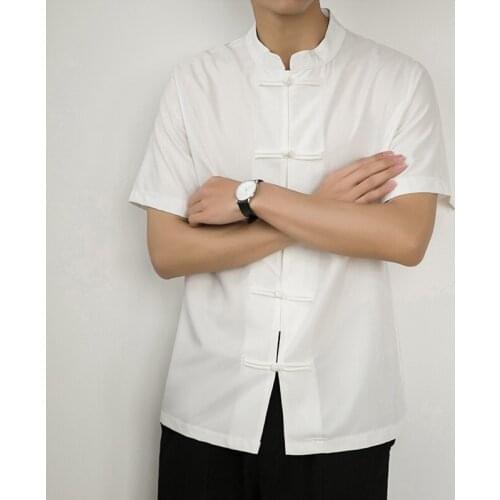 New Men shirt Casual Clothing Chinese Style Men Shirt Solid Color Retro Hanfu Short Sleeve Elegant Oversize Large Male Chines