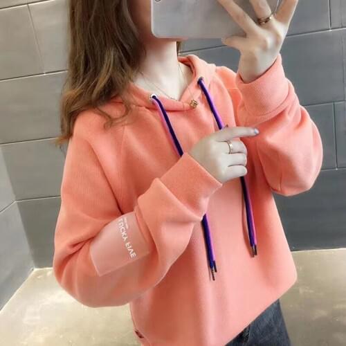 2019 autumn and winter new plus velvet fashion letters cute wild two-color tie college wind long sleeve warm sweatshirt