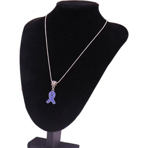 New Fashion Metal Inlaid Child Abuse Prevention or Colon and Prostate Cancer Blue Ribbon Awareness Necklace