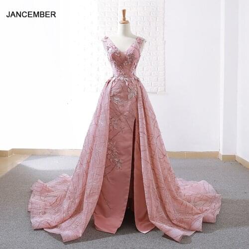 RSM66719 pink wedding guests dress long v neck sleeveless a-line bride party dress 2020 sexy front split ladies evening dress