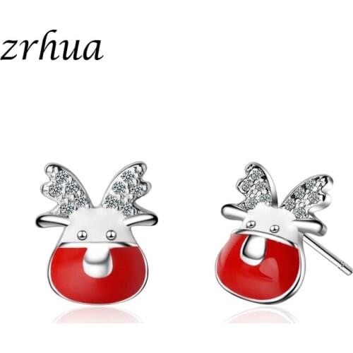 ZRHUA Silver Color Earrings For Women Cute Red Zircon Stud Earring Girl Christmas Jewelry Accessories
