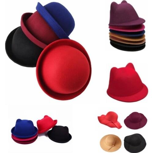 Parent Child Fedora Hat Bowler Dome Hat Little Girl Boy Children Kid Felt Wool Solid Color Women Hats